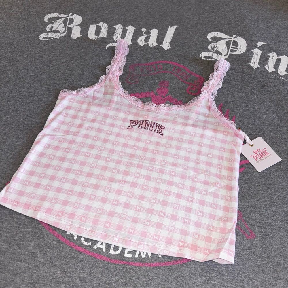 PINK x LoveShackFancy Cotton Cami Tank Top Icon Gingham Pink & White Plaid XL - Picture 2 of 12